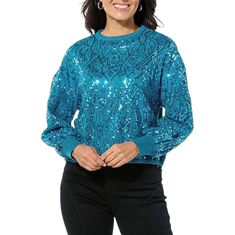 Mark & James Badgley Mischka Izzie Teal Blue Sequin Lace Sweater Medium
